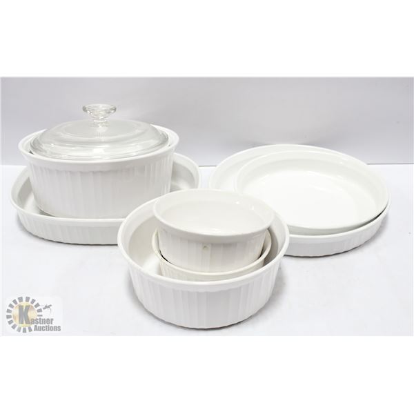 9 PIECES OF CORNING WARE, FRENCH WHITE PATTERN