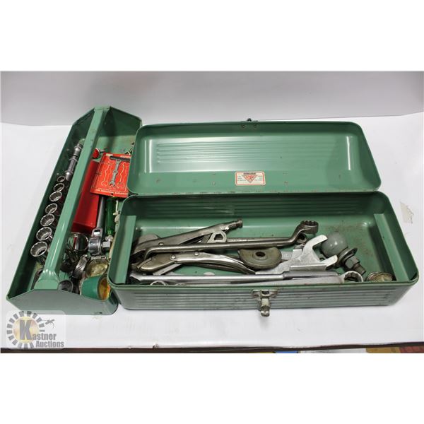 VINTAGE GREEN METAL TOOL BOX W/ TOOLS