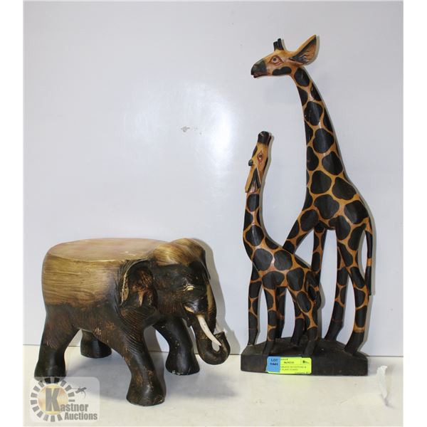 WOODEN GIRAFFE SCULPTURE & ELEPHANT PLANT STAND