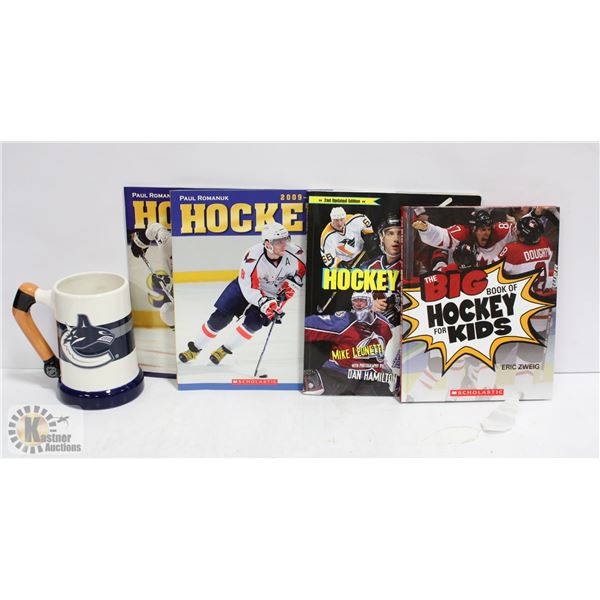 2 ASSORTED HOCKEY BOOKS WITH LARGE NHL MUG