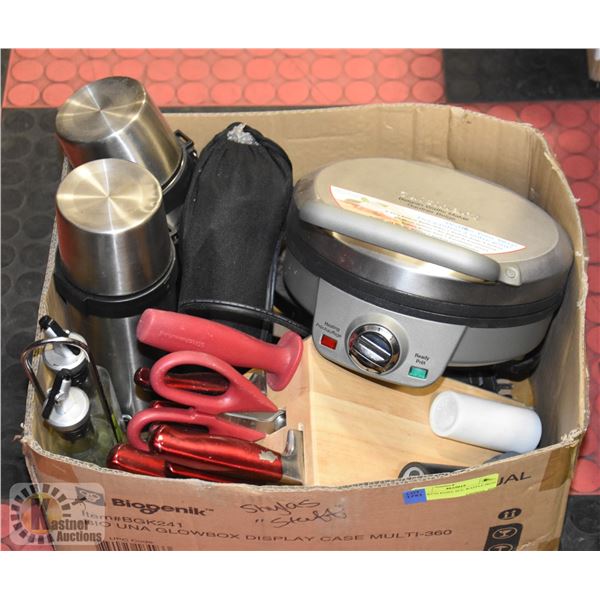 BOX WITH KNIFE SET, WAFFLE IRON ETC