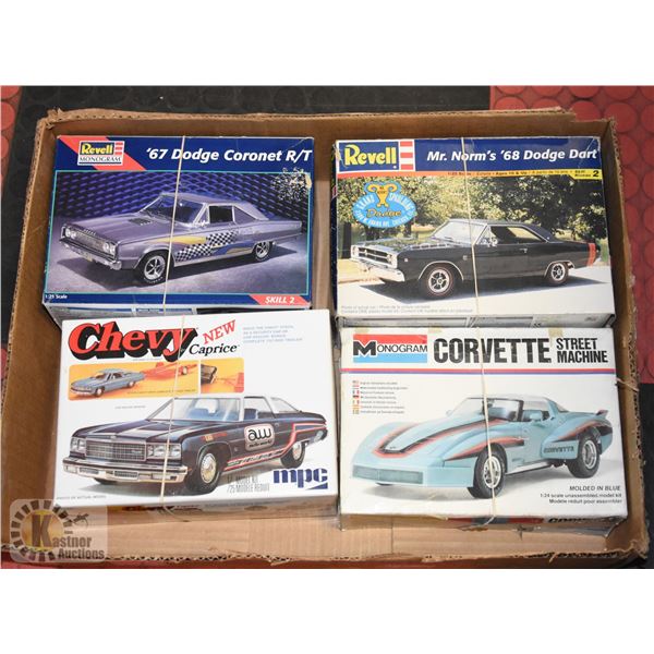 TRAY OF 4 UNASSEMBLED CAR MODEL KITS