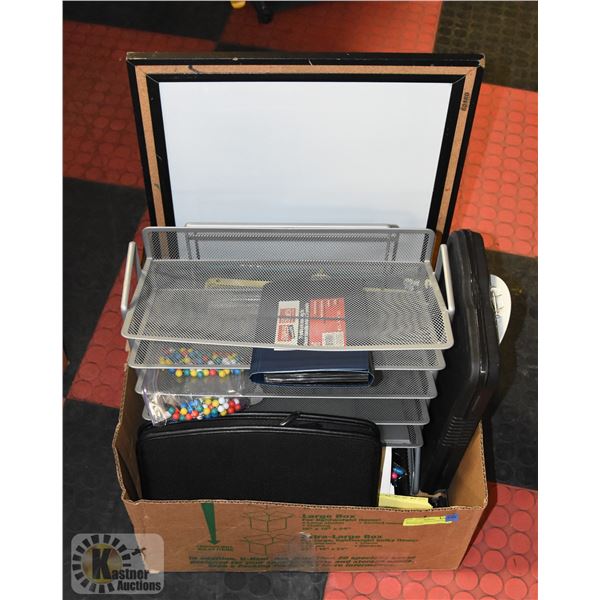 BOX FULL OF OFFICE SUPPLIES INCL. WHITEBOARD,