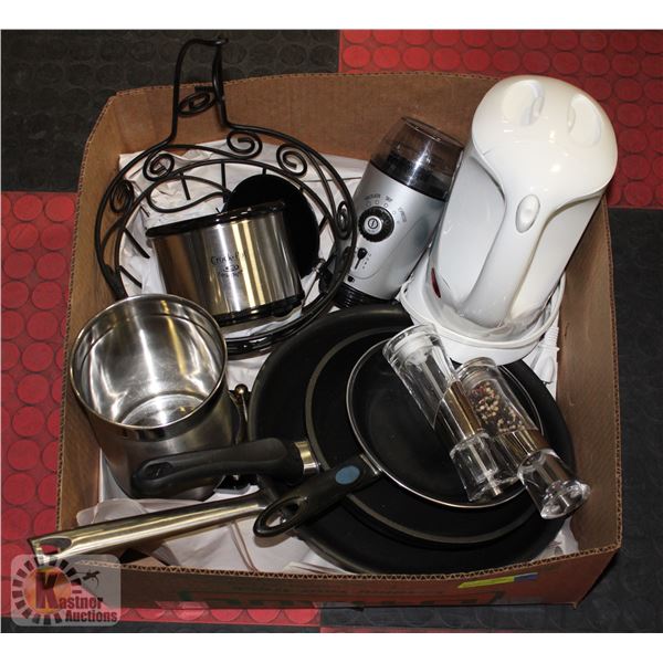 BOX WITH CROCKPOT, COFFEE GRINDER, 3-PANS