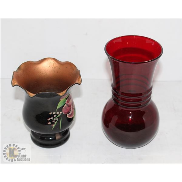 PAIR OF VASES - 1 HAND PAINTED