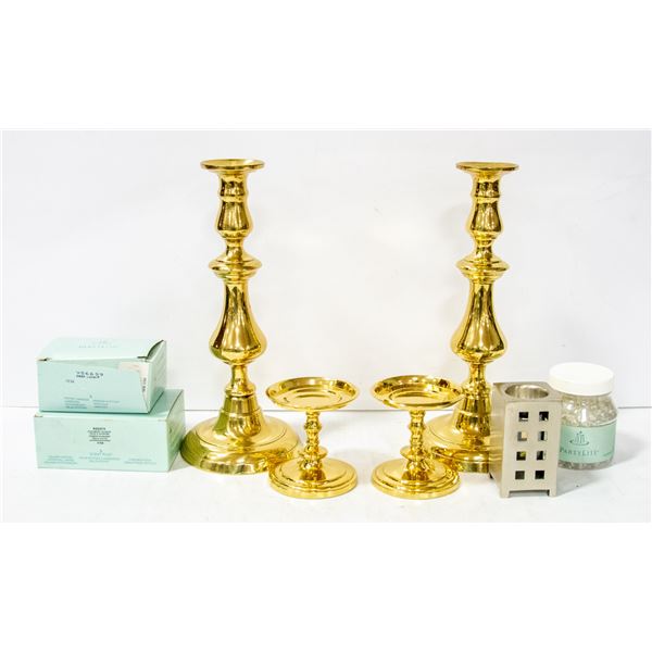 BOX OF PARTY LITE CANDLES, BRASS TAPER CANDLE