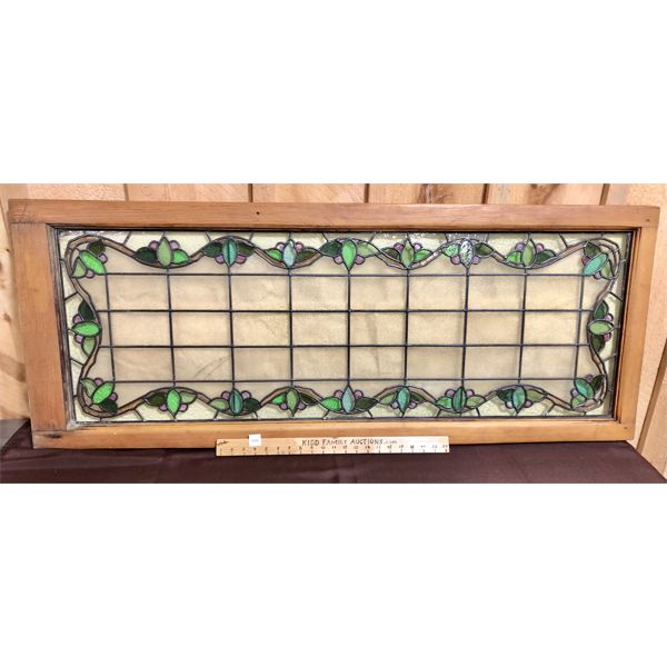 PINE FRAMED LEADED STAINED GLASS WINDOW - 22 X 56 INCHES