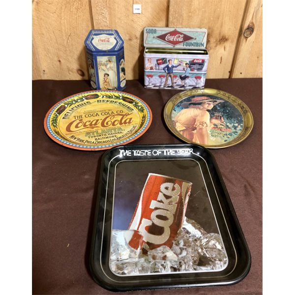LOT OF 5 - COCA COLA COLLECTIBLES - SERVING TRAYS AND TINS