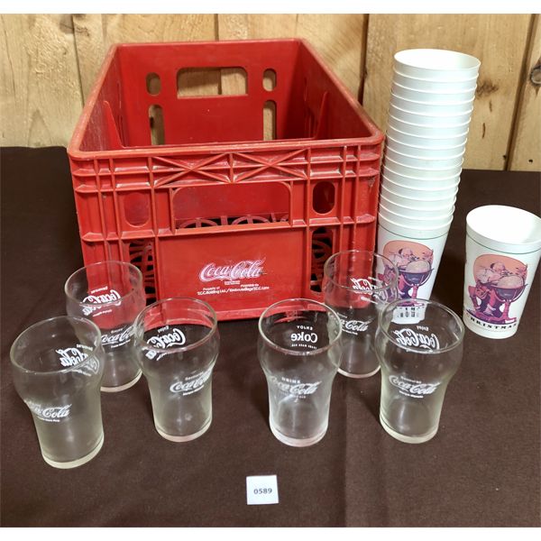 JOB LOT - COCA COLA GLASSWARE AND CUPS INSIDE PLASTIC COKE CRATE