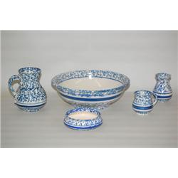 5 PC. BLUE SPONGEWARE WASH SET - 19TH CENT. 5 PC. POTTERY PA