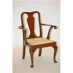 OLD QUEEN ANNE STYLE ARMCHAIR - ENGLISH MAHOGANY CHAIR W/ VA