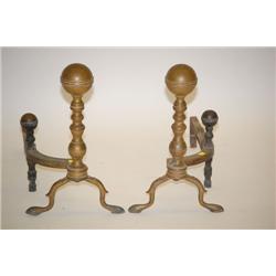 MURDOCK BRASS CANNONBALL ANDIRONS - PR. 19TH CENT. BRASS BOS