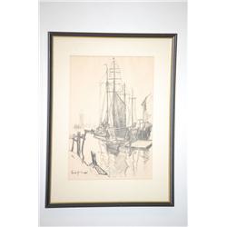 EMILE A. GRUPPE BLACK PENCIL DRAWING - HARBOR LANDSCAPE DRAW