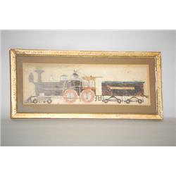 19TH CENT. PENCIL & WATERCOLOR PAINTING OF LOCOMOTIVE- FOLKY