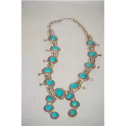 NAVAJO SQUASH BLOSSOM NECKLACE - 14 1/2" NECKLACE W/ 10 TURQ