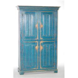 19TH CENT. PAINTED RAISED PANEL CUPBOARD - DARK BLUE PAINTED