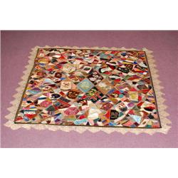19TH CENT. EMBROIDERED CRAZY QUILT - FANCY VICTORIAN HAND SE