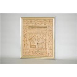 18TH CENT. NEEDLEWORK SAMPLER PICTURE DEPICTING ANIMALS IN A