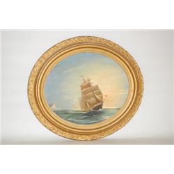19TH CENT. SHIP OIL PAINTING ON CANVAS - OVAL O/C OF SAILING