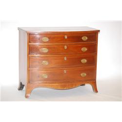 HEPPLEWHITE INLAID BOWFRONT CHEST - MAHOGANY CHEST W/ 4 GRAD