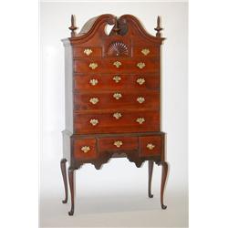 NEW ENGLAND QUEEN ANNE BONNET TOP HIGHBOY - WALNUT & CHERRY 