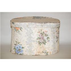 19TH CENT. WALLPAPER BANDED HAT BOX - LARGE WOODEN CORE HAT 