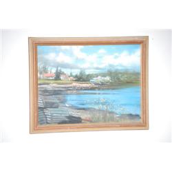 P. BLOOMFIELD PASTEL PAINTING - HARBOR LANDSCAPE W/ HOMES AL