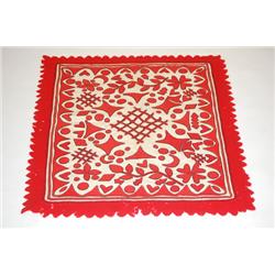19TH CENT. FOLK ART APPLIQUE TABLE COVER - CUT RED FELT SHAP