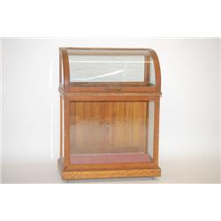 19TH CENT. DOMED GLASS SHOWCASE - OAK 2-PART SHOWCASE W/ DOM
