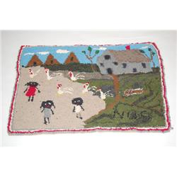 FOLKY BLACK AMERICANA HOOKED RUG - CONTEMPORARY 20TH CENT. F