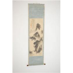4 FT. JAPANESE VERTICAL SCROLL - PEN & INK ON SILK W/ CALLIG