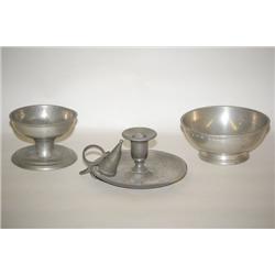 LOT (3) 19TH CENT. ENGLISH PEWTER ITEMS: (1) 3" CHAMBER CAND