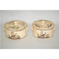 (2) DECORATED CREAMWARE COVERED BOXES - PR. ROUND CREAMWARE 