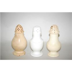 (3) PEPPER POTS - (2) CREAMWARE & (1) IRONSTONE UNDECORATED 