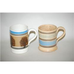SEAWEED BANDED & BANDED MOCHAWARE MUGS - (2) CREAMWARE MOCHA