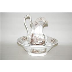 BROWN STAFFORDSHIRE TRANSFERWARE PITCHER & BOWL - 19TH CENT.