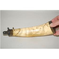 19TH CENT. SCRIMSHAW CARVED POWDER HORN - BRASS BOUND MILITA