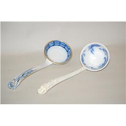 (2) FLOW BLUE SOUP LADLES - (1) 12 1/2" VICTORIAN FLOW BLUE 