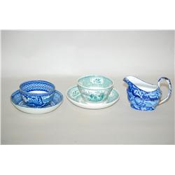 LOT (3) STAFFORDSHIRE TRANSFER ITEMS: 5" DARK BLUE CREAMER W
