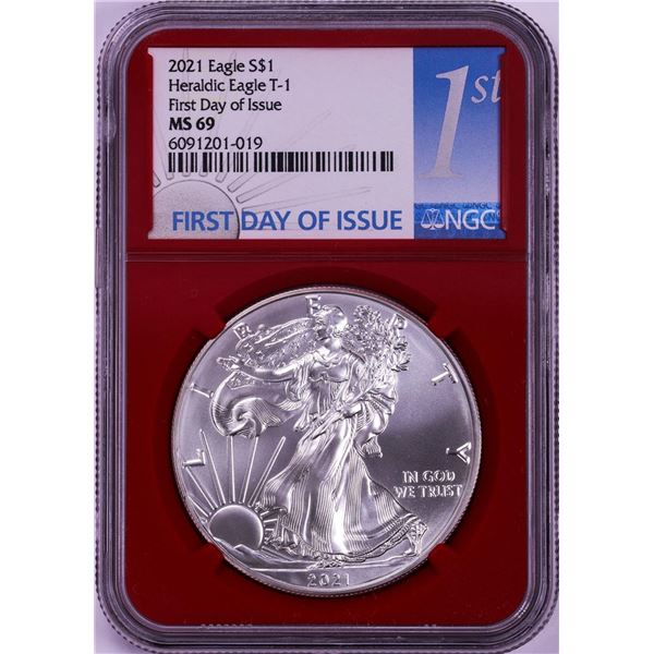 2021 Type 1 $1 American Silver Eagle Coin NGC MS69 First Day of Issue Red Core