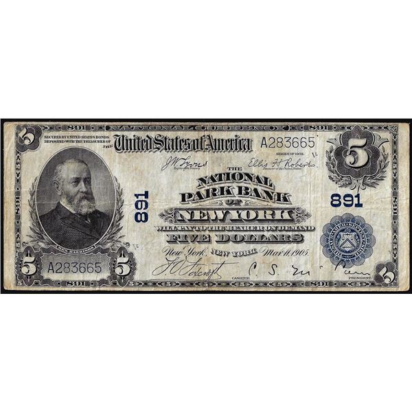 1902 $5 National Park Bank of New York, NY CH# 891 National Currency Note