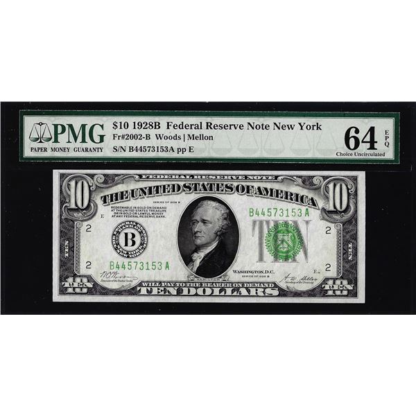 1928B $10 Federal Reserve Note New York Fr.2002-B PMG Choice Uncirculated 64EPQ