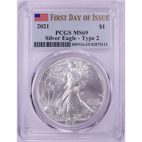 2021 Type 2 $1 American Silver Eagle Coin PCGS MS69 First Day of Issue