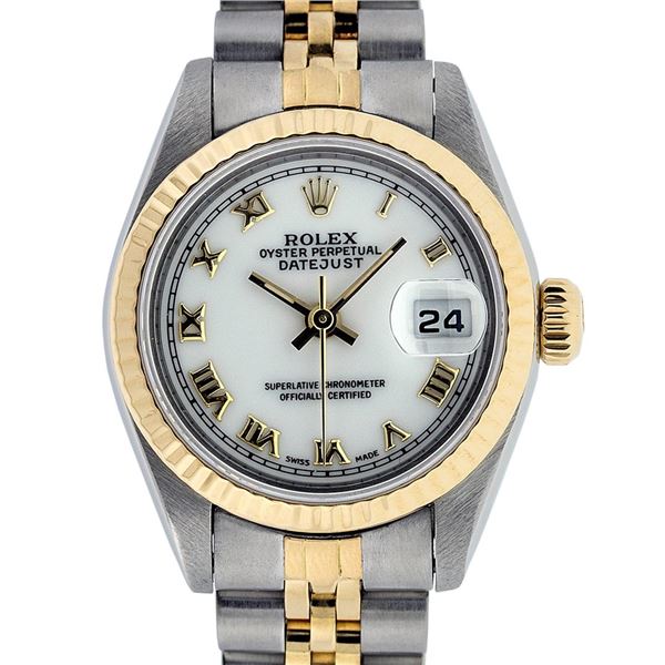 Rolex Ladies Two Tone Factory White Roman Datejust Wristwatch