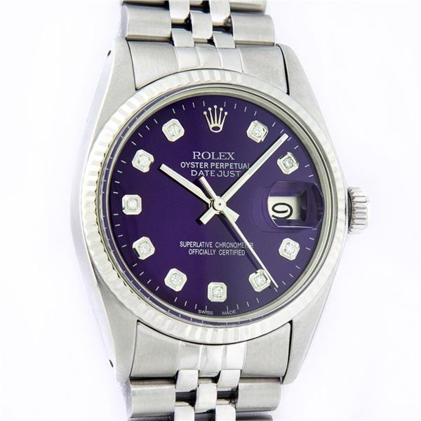 Rolex Mens Stainless Steel Purple Diamond Datejust Oyster Perpetual Wristwatch