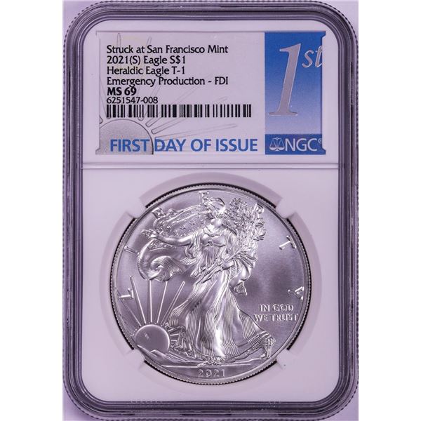 2021-(S) Type 1 $1 American Silver Eagle Coin NGC MS69 First Day of Issue Emergency