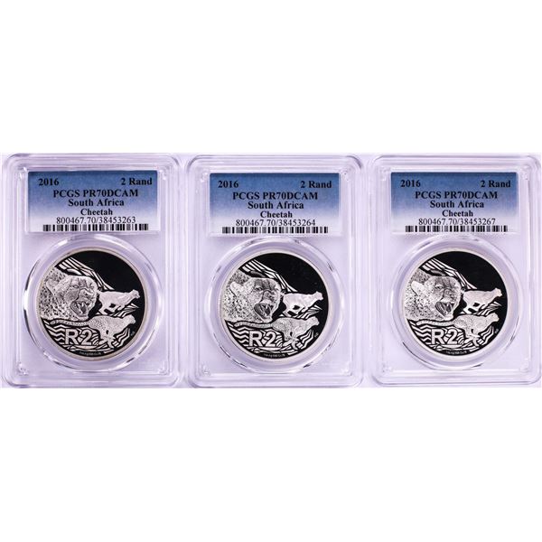 Lot of (3) 2016 Proof South Africa 2 Rand Cheetah Silver Coins PCGS PR70DCAM