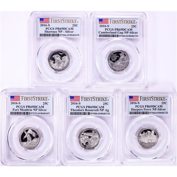 2016-S Silver Proof National Parks Quarter (5) Coin Set PCGS PR69DCAM First Strike