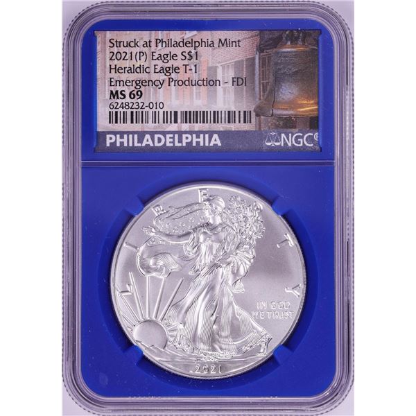 2021-(P) Type 1 $1 American Silver Eagle Coin NGC MS69 First Day Emergency Issue