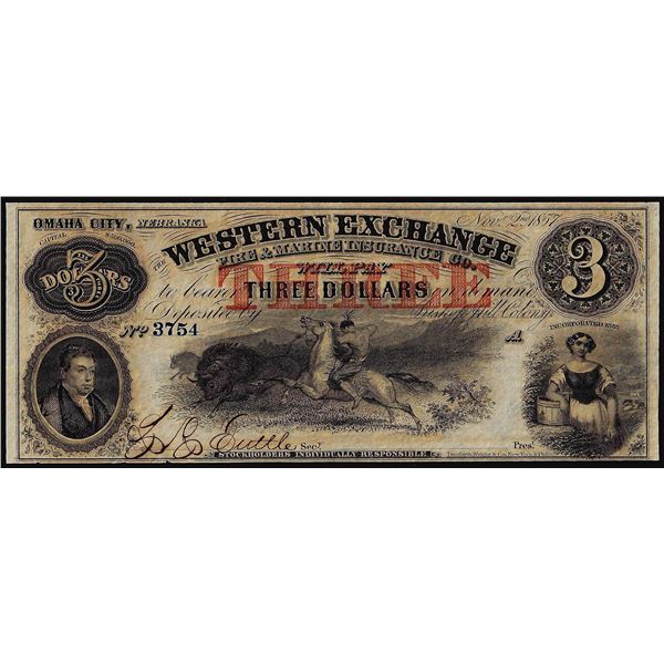 1800's $3 Western Exchange Fire and Marine Insurance Co. Omaha City, NE Obsolete Note